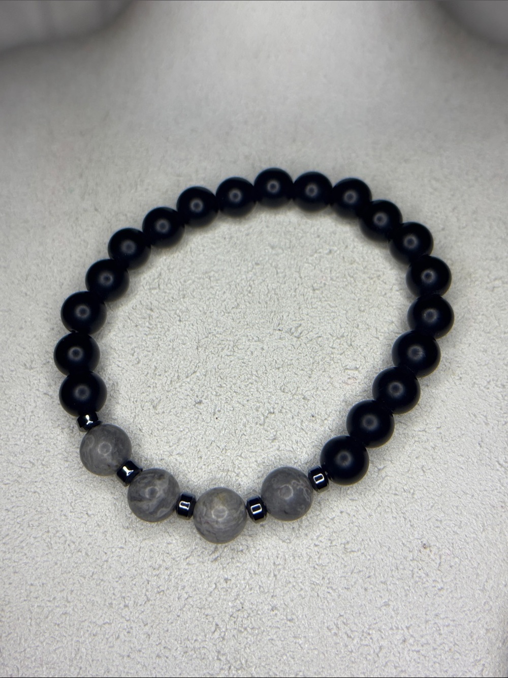 Black Obsidian and Gray Picasso Jasper Stone Beaded Stretch Bracelet
